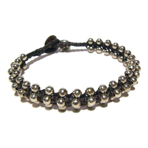 Handmade silver-tone beads woven with waxed cord anklet