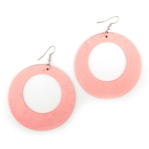 Light pink large wooden round hoop dangle earrings