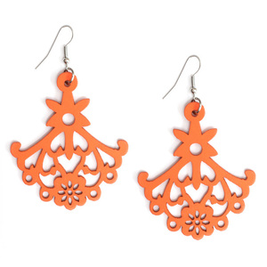 Orange floral chandelier cut out design wooden dangle earrings