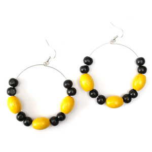 Yellow and black Abacus wood bead hoop drop earrings