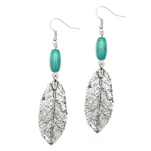Deep sky blue wooden bead with antique silver look leaf drop earrings