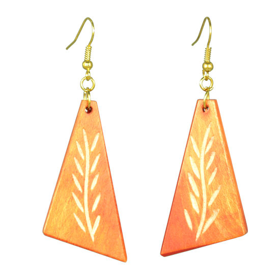 Orange Triangular Wooden Drop Earrings with Plant Engraving (7cm length)