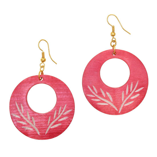 Red Round Wooden Earrings with Cut-out and Plant Engraving (ca. 6.5cm long)