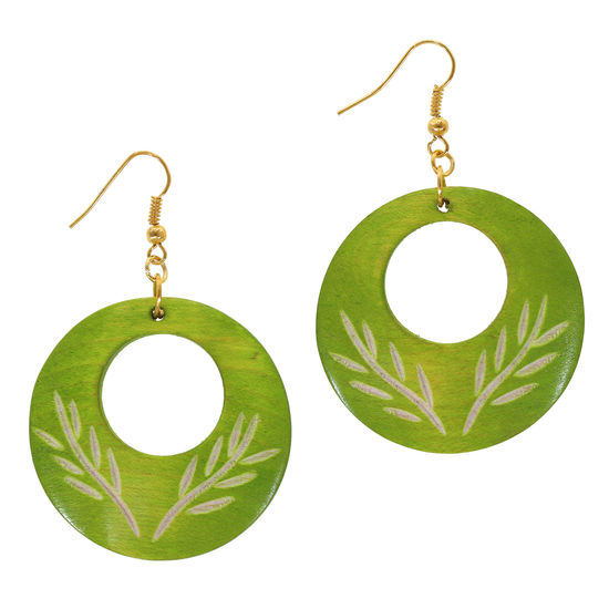 Green Round Wooden Earrings with Cut-out and Plant Engraving (ca. 6.5cm long)