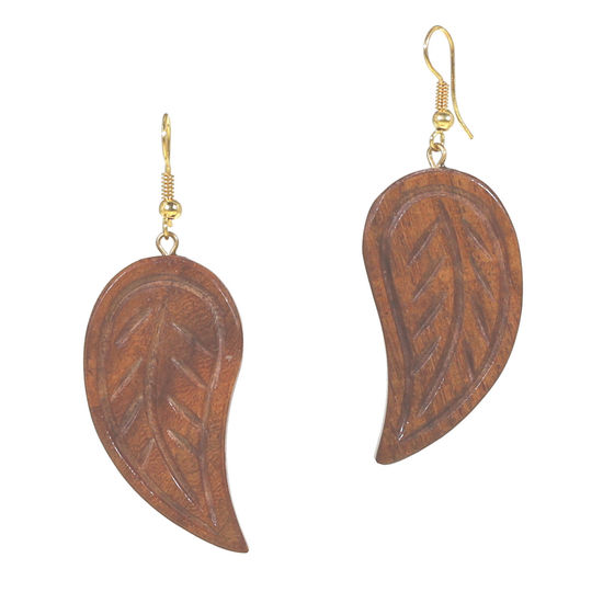 Leaves made from Sheesham Wood with Engravings Drop Earrings (6cm length)