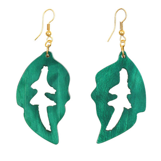 Green Wooden Leaf-Shapes with Cut-outs Drop Earrings (7cm length)