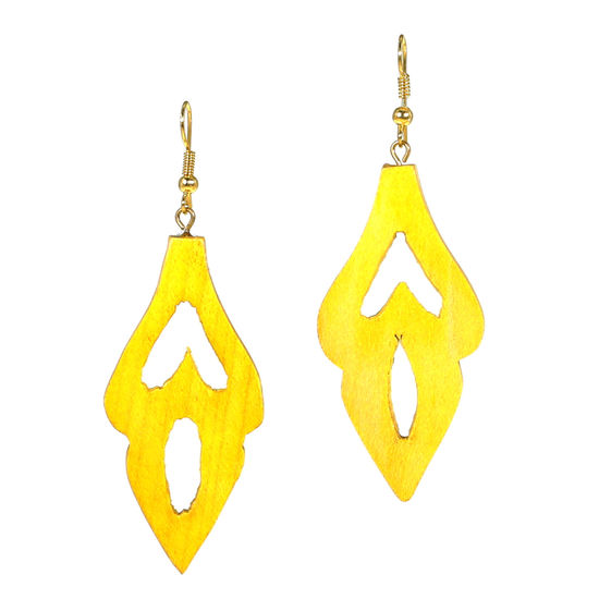 Handmade Yellow Wooden Leaves with double cut-out drop earrings (72mm long)