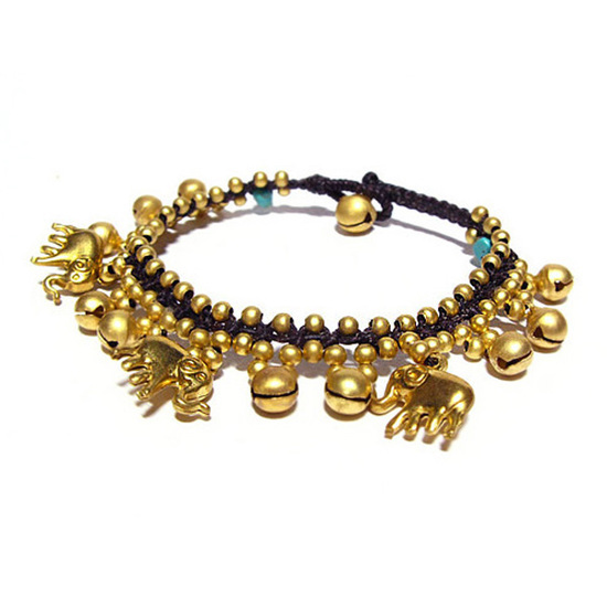 Handmade gold-tone bells, elephant charms and beads with turquoise stones wax cord anklet
