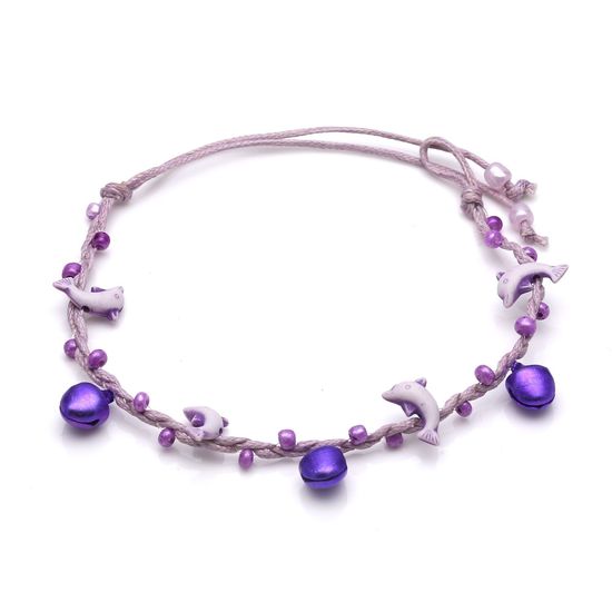 Handmade dolphins with purple bells and beads wax cord bracelet 