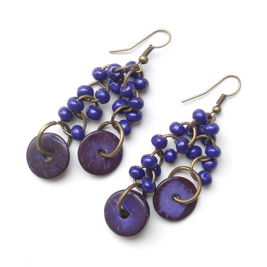 Purple wooden beads and discs chandelier earrin