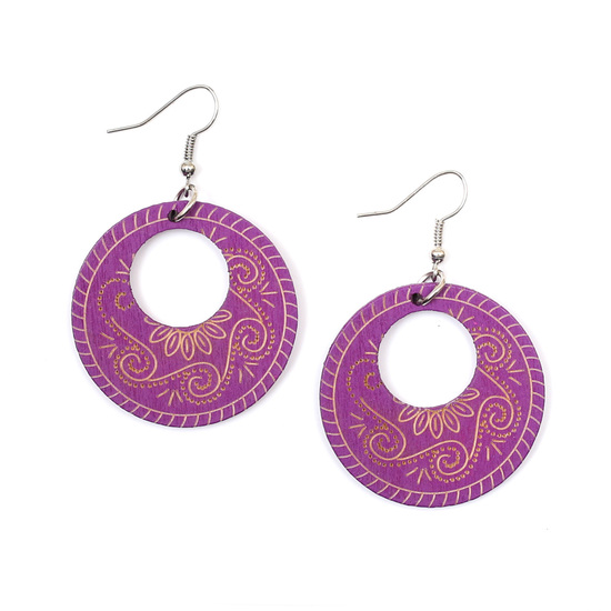 Purple tribal motif engraved wooden round dangle earrings