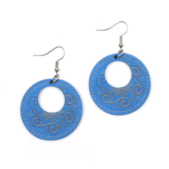 Blue tribal motif engraved wooden round dangle earrings