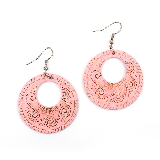 Light pink tribal motif engraved wooden round dangle earrings