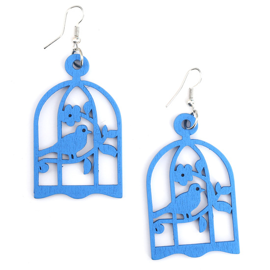 Blue bird cage cut out design wooden dangle earrings
