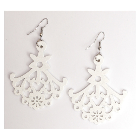 White floral chandelier cut out design wooden dangle earrings