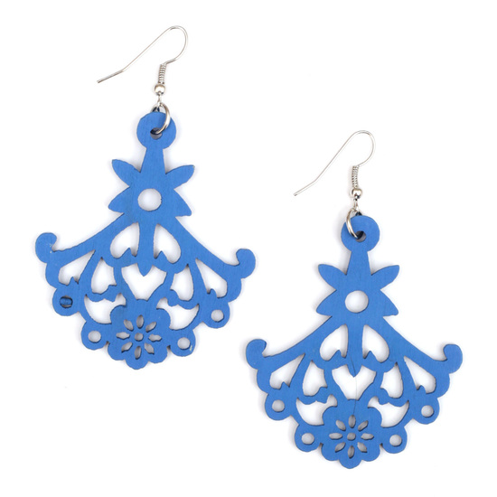 Blue floral chandelier cut out design wooden dangle earrings