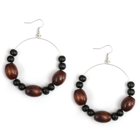 Brown and black Abacus wood bead hoop drop earrings