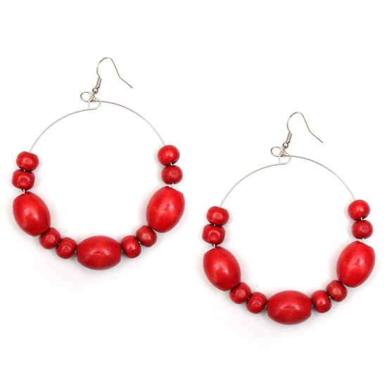 Red Abacus wood bead hoop drop earrings