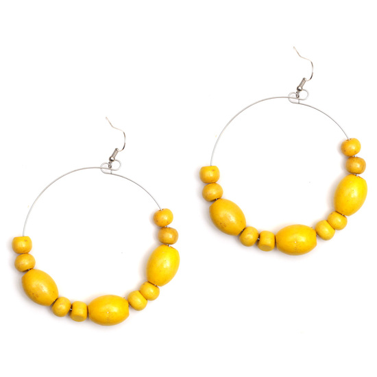Yellow Abacus wood bead hoop drop earrings