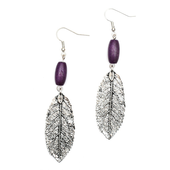 Indigo wooden bead with antique silver look leaf drop earrings
