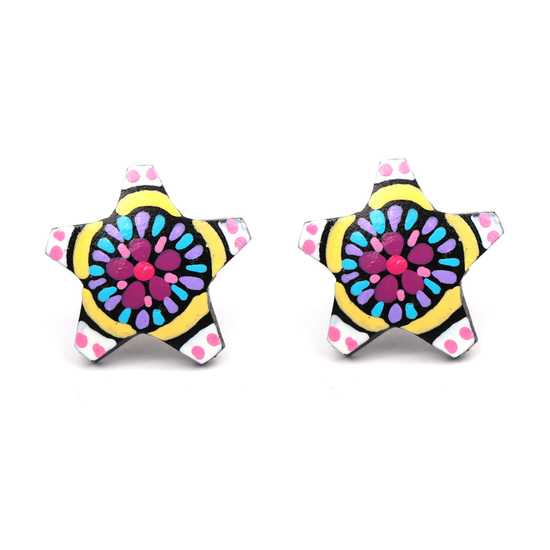 Vibrant hand painted flower coconut shell star stud earrings with plastic posts