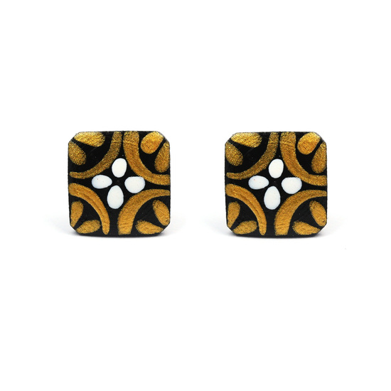 Hand painted Gold-colour and white flower coconut shell square stud earrings with plastic posts