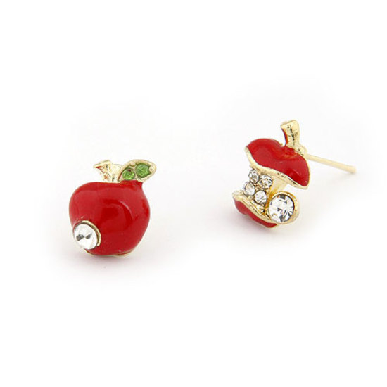 Crystal embedded enamel red apple asymmetric stud earrings