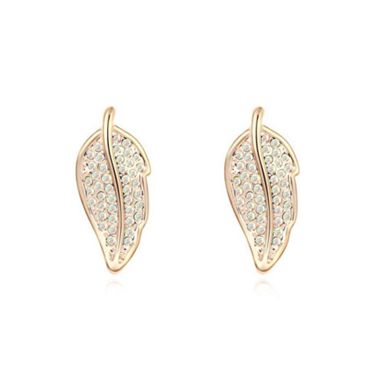 Gold-plated leaf with white Swarovski Elements Crystal stud earrings