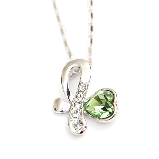 White gold-plated butterfly charm with peridot green Swarovski Elements Crystal pendant necklace