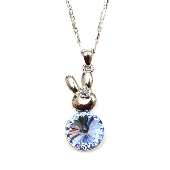 White gold-plated bunny rabbit chain necklace with blue Swarovski Elements Crystal