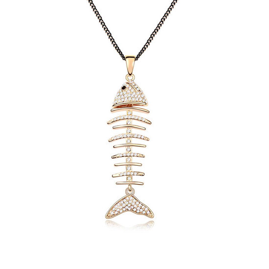 Gold-plated sweater chain necklace with white Swarovski Elements Crystal fishbone pendant