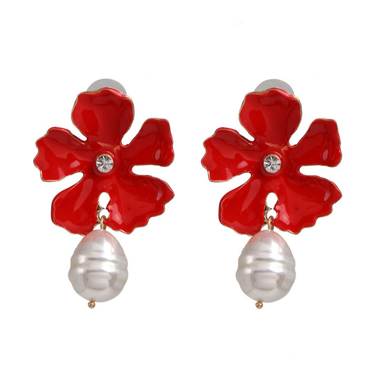 Red Enamel Flower with Baroque Faux Pearl