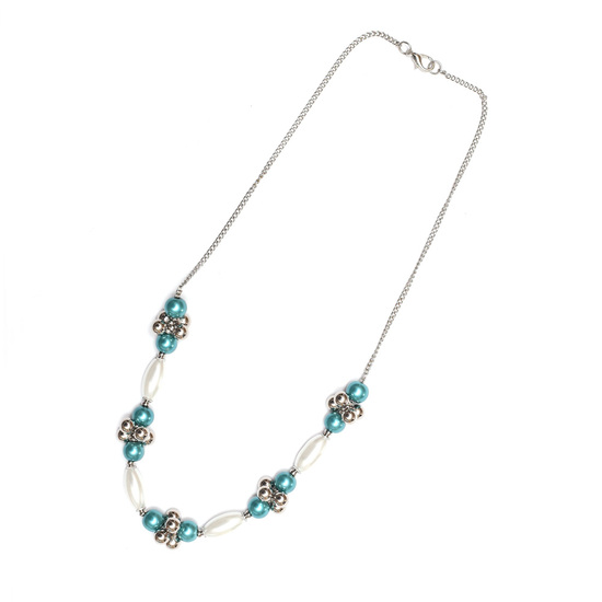 Dark Turquoise-coloured Beads and Glass Pearl Necklace with Iron Twist Chain and Alloy Lobster Claw Clasp