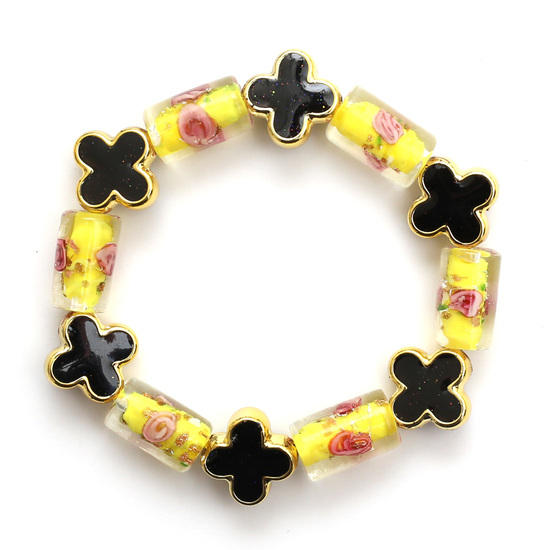 Yellow Column Lampwork Beads with Black Acrylic Beads and Elastic Crystal Thread Stretchy Bracelet