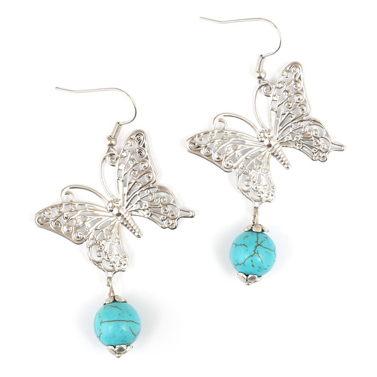 Silver-tone butterfly with turquoise bead dangle earrings