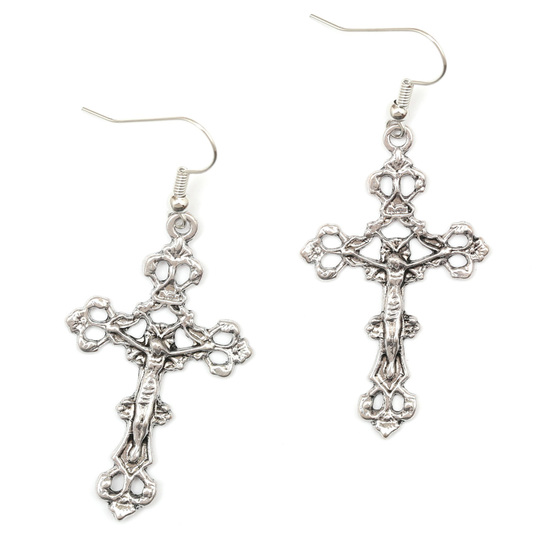 Antique silver-tone Jesus crucifix cross dangle earrings