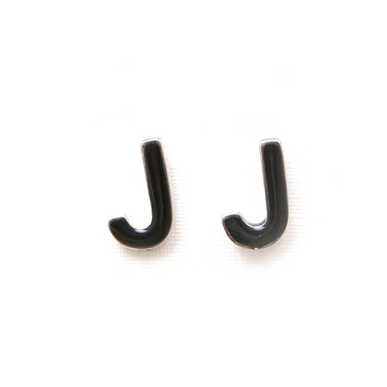 Black enameled initial J stud earrings