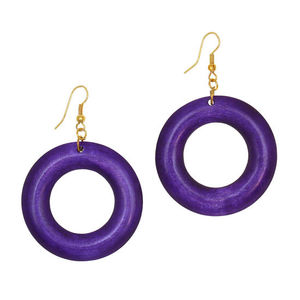 Purple Coloured Rings Wooden Drop Earrings (6.5cm long)