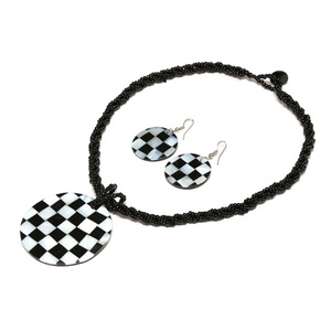 Handmade necklace & earrings set, black bead necklace with black and white inlaid shell checker board pattern pendant and earrings