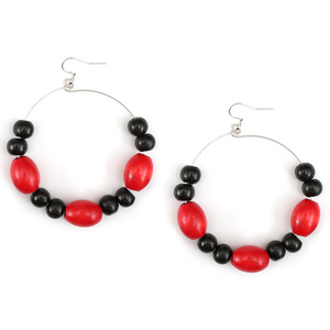 Red and black Abacus wood bead hoop drop earrings