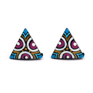 Hand painted tribal inspired coconut shell triangle stud earrings with plastic posts