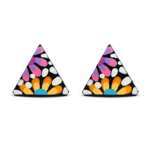 Hand painted vibrant yellow and pink flower coconut shell triangle stud earrings with plastic posts