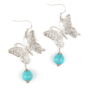 Silver-tone butterfly with turquoise bead dangle earrings