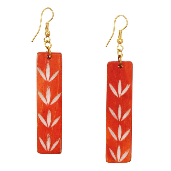 Orange Long Rectangle Wooden Drop Earrings with Plant Engraving (7.5cm long)