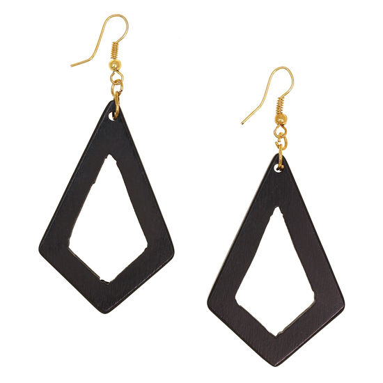 Black Hollow Kite-Shapes Wooden Earrings (7.5cm long)