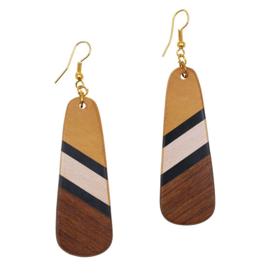 Wooden Striped Drop-Shapes Drop Earrings (8cm long)