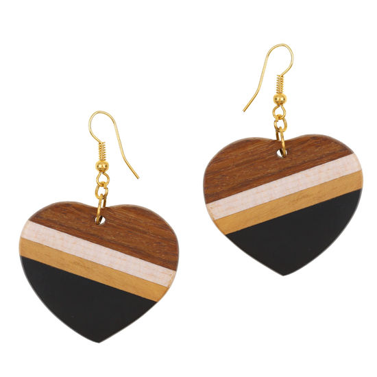 Striped Wooden Heart Drop Earrings (5.5cm long)
