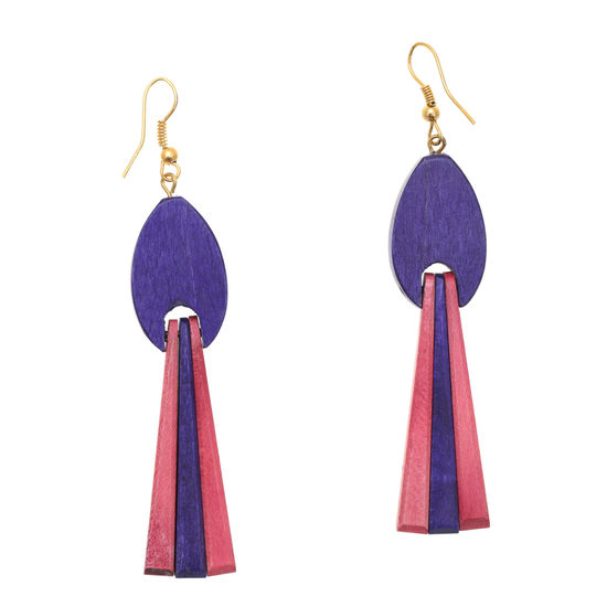 Purple-Pink Tassel Wooden Drop Earrings (8.5cm long)