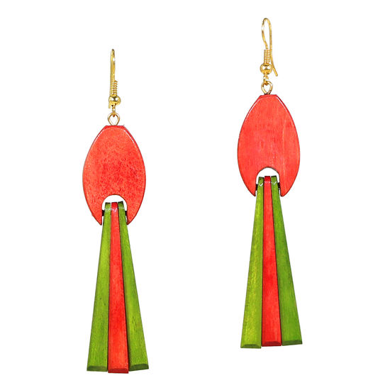 Orange-Green Tassel Wooden Drop Earrings (8.5cm long)