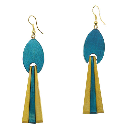 Turquoise-Yellow Tassel Wooden Drop Earrings (8.5cm long)